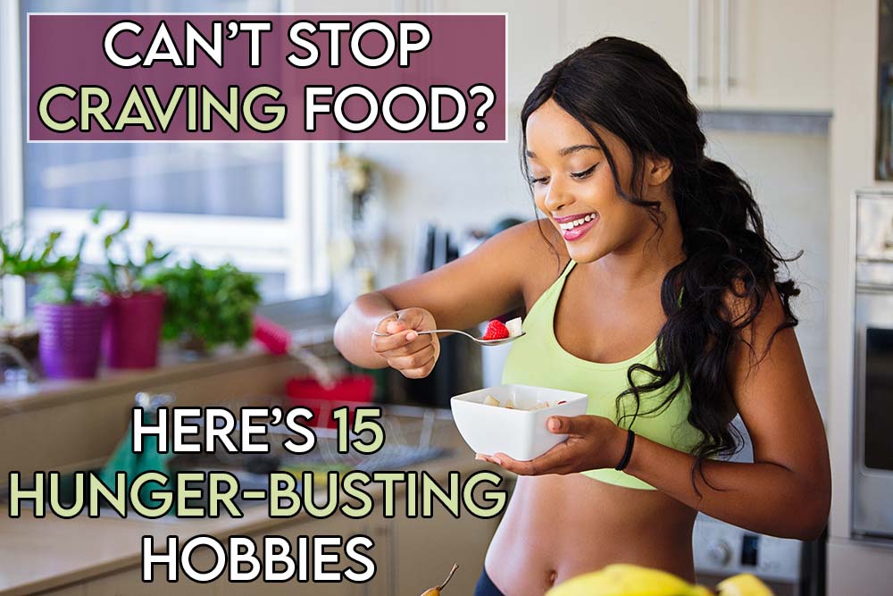 This picture features the relevant article title about hobbies you can do not involving food and also shows an evocative image of an athletic woman eating healthily