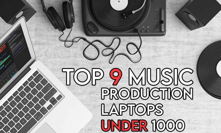 This image features the relevant article title about the best music production laptops and also features an evocative image of music equipment and a laptop