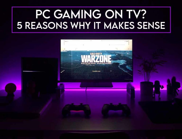 This image features the relevant title about PC gaming on TV and also include an evocative image of a TV-based PC gaming setup