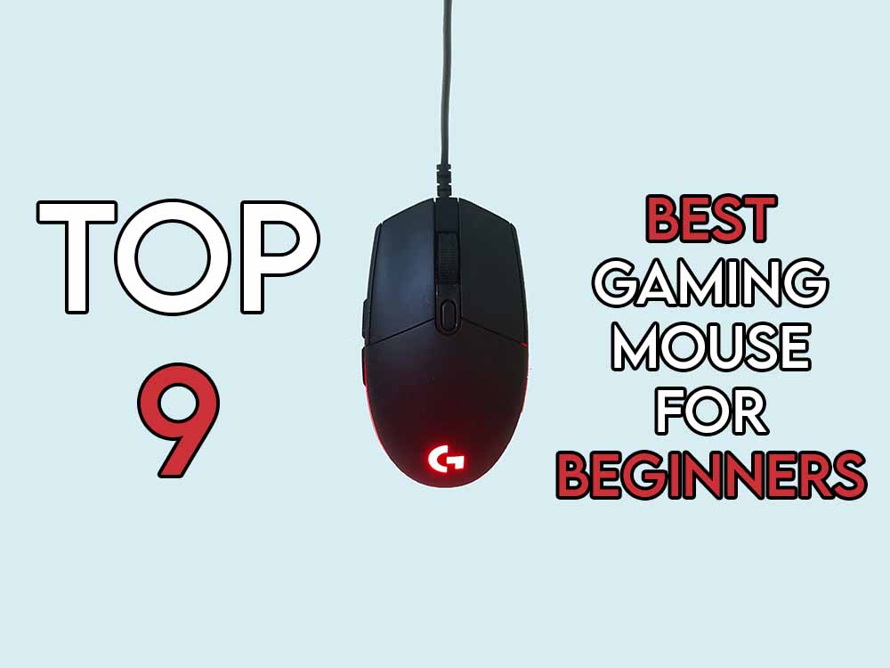 This image features the relevant article title about the best gaming mouse for beginners and also shows an evocative image of a gaming mouse