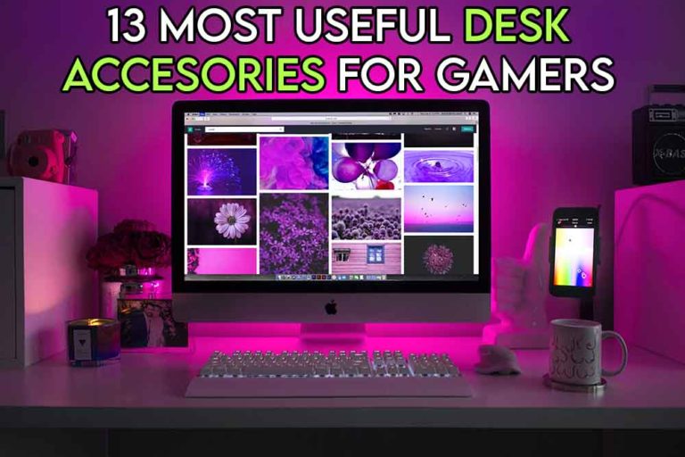 This image features the relevant article title discussing useful accessories for gamers and features an evocative image of a gaming desk with lots of accessories on it