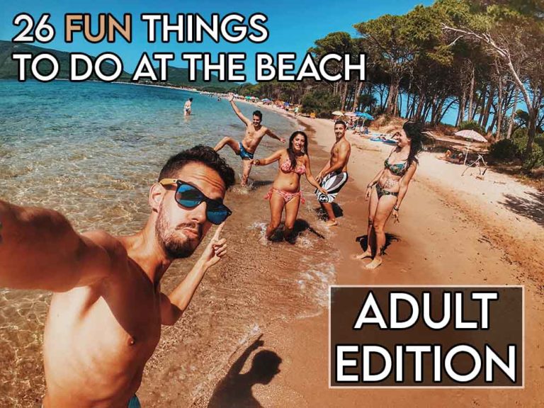this image features the relevant article title about fun things you can do at the beach as an adult, and also features an evocative image of a group of adults partying at the beach