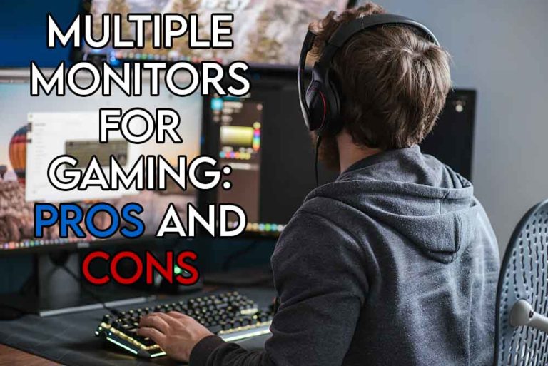 This image features the relevant article title about why gamers have three monitors and also shows an evocative image of a gamer using a multi-monitor setup
