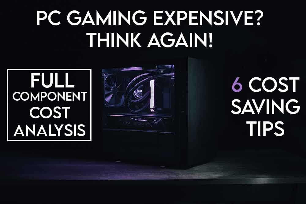 this image features the relevant article title discussing the costs and expense associated with PC gaming and also includes an evocative image of a gaming PC.
