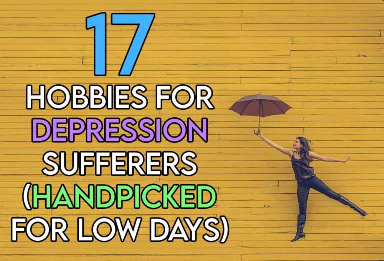 this image features the relevant article title discussing the best hobbies for people suffering from depression and also features an evocative image of a happy woman standing under an umbrella which is representative of protection oneself from depression