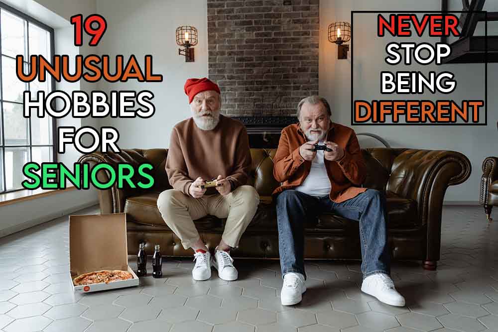 this image features the relevant article title about unusual hobbies that seniors or older people can try and features an evocative image of two older gentlemen dressed like youths