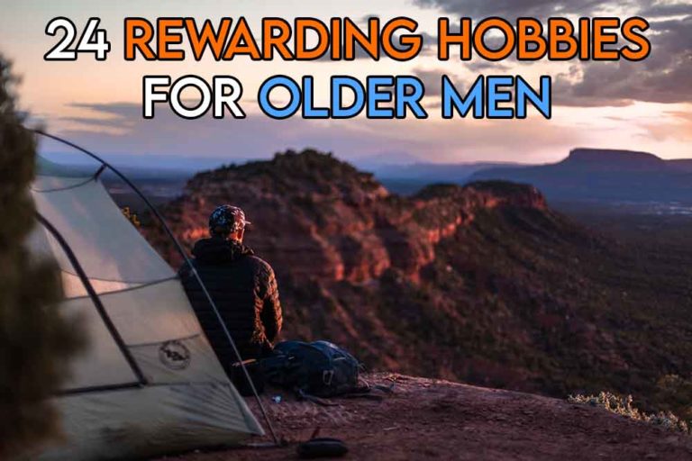 This image features the appropriate article title discussing hobbies for older men and features a man in his senior years camping out which is one of the hobbies on the list