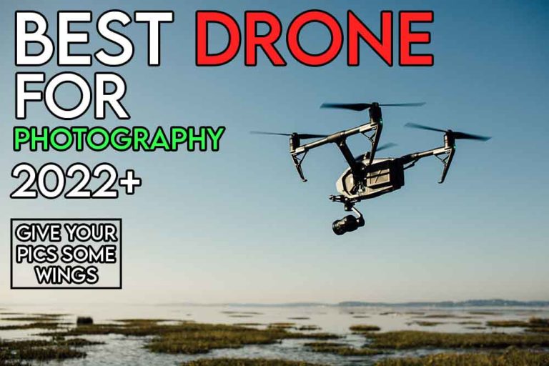 This image features the relevant article title talking about the best drones for photography and also features an evocative image of a flying drone with a camera attached