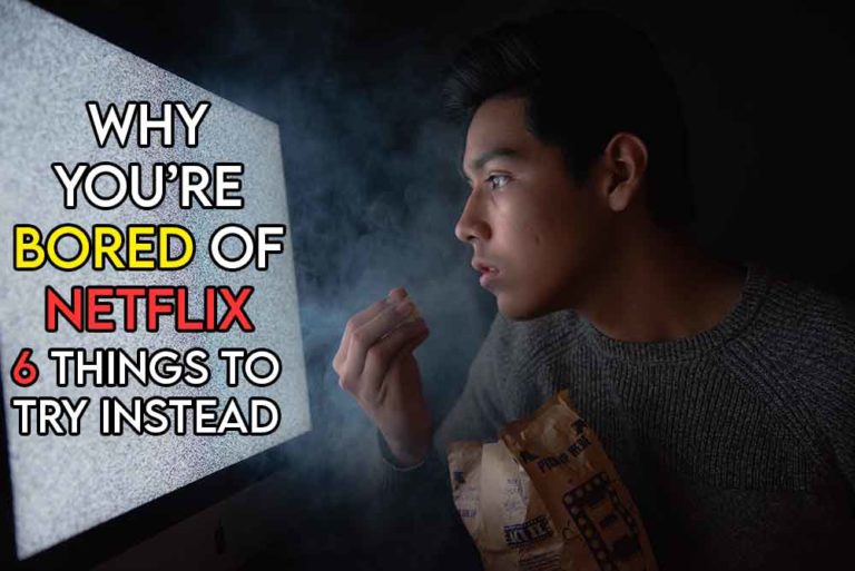 This image features the relevant article title discussing why people may get bored of netflix and also features an evocative image of a person looking at a screen looking worn out