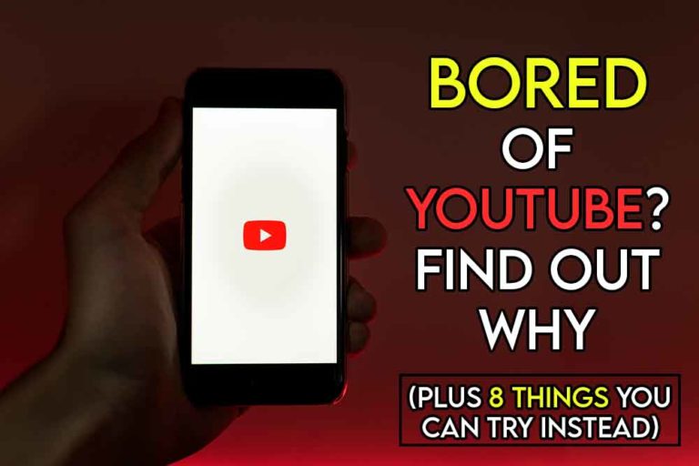This image features the relevant article title about being bored of youtube and also features an evocative image of a person scrolling through youtube on a phone