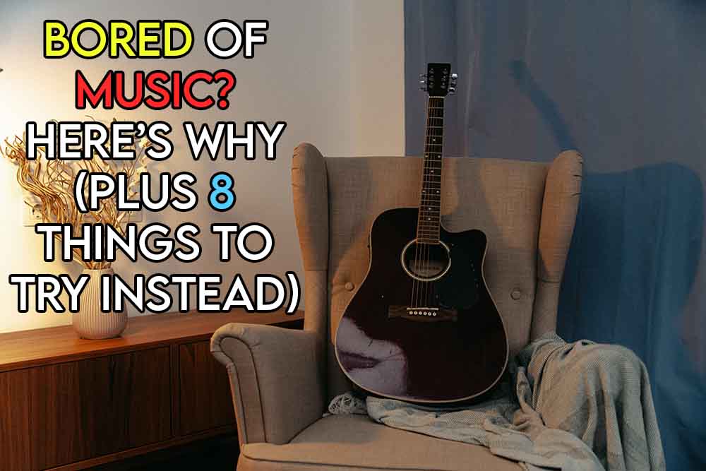 this image includes the relevant article title discussing why people get bored of music, and also features an evocative image of a discarded instrument