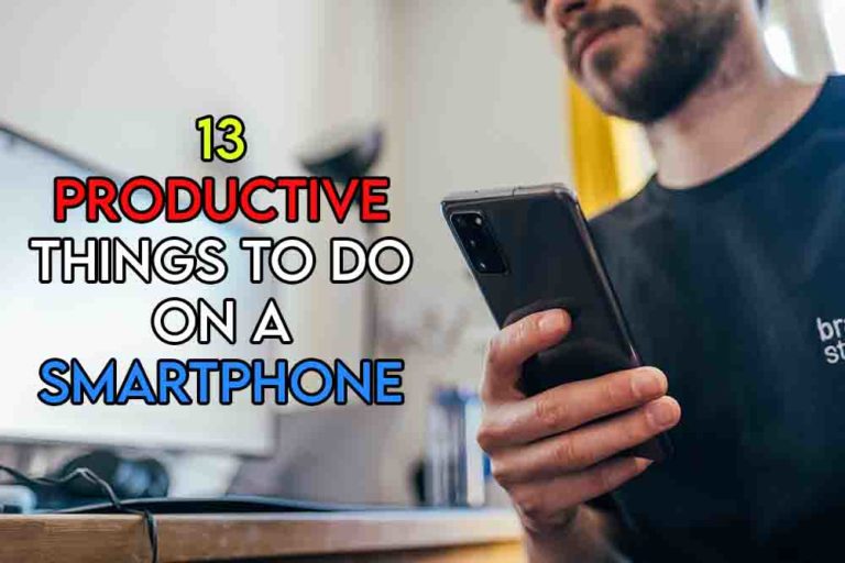 this image features the relevant title discussing productive things to do on a phone and also features an evocative image of a person using a phone at a desk