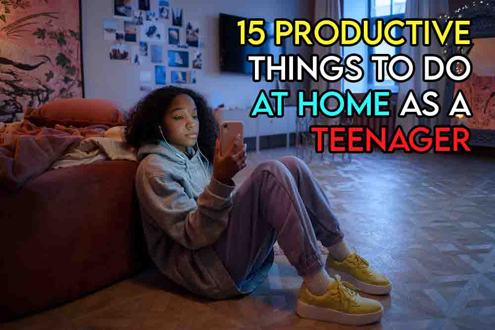 this image features the relevant article title discussing ways to be productive at home as a teenager and also features an evocative image of a teenager at home trying to be productive