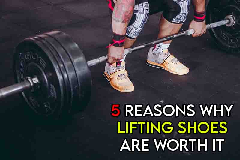this image features the relevant title discussing whether lifting shoes are worth it and also shows an evocative image of a powerlifting wearing weightlifting shoes