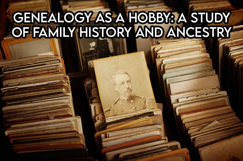this image features the relevant article title discussing genealogy as a hobby and also shows an evocative image of old photos of people